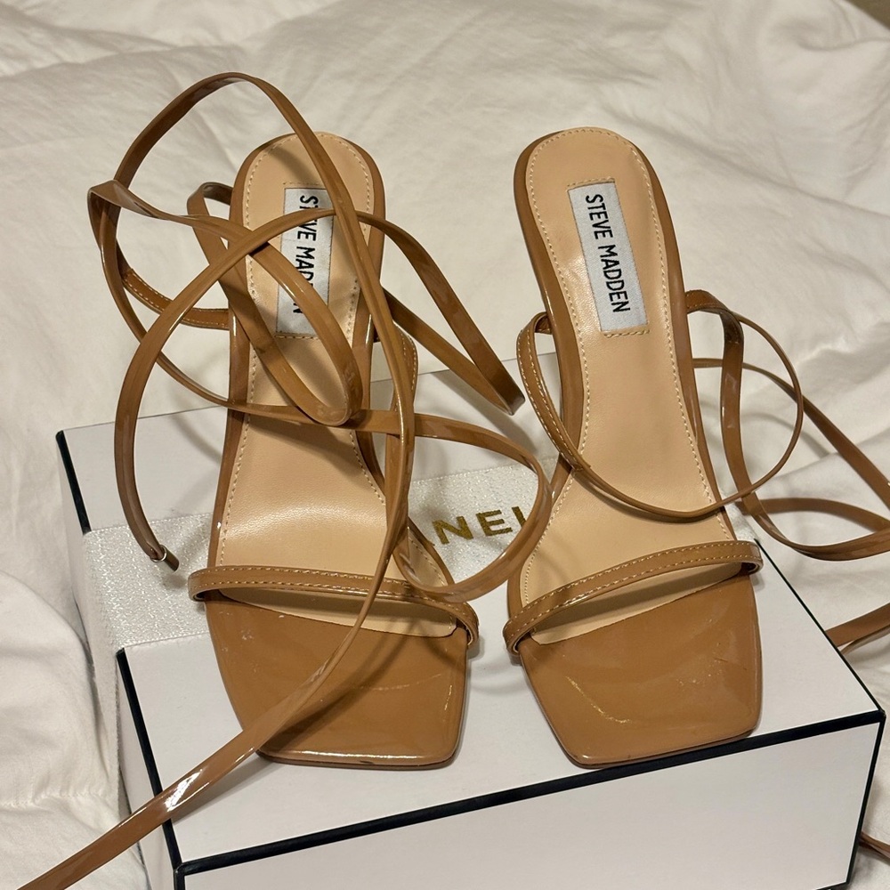 Steve Madden Patent Tan Wrap-Strap Heeled Sandals